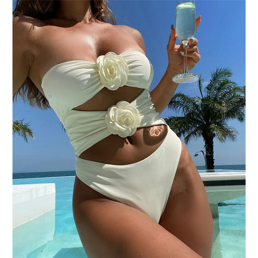3D-Blumen-Bandeau-Badeanzug mit Bauchausschnitt, einteiliger Badeanzug für Damen, Badebekleidung, Monokini mit hohem Beinausschnitt, Badeanzug, Badebekleidung, V6688 – Detail 3
