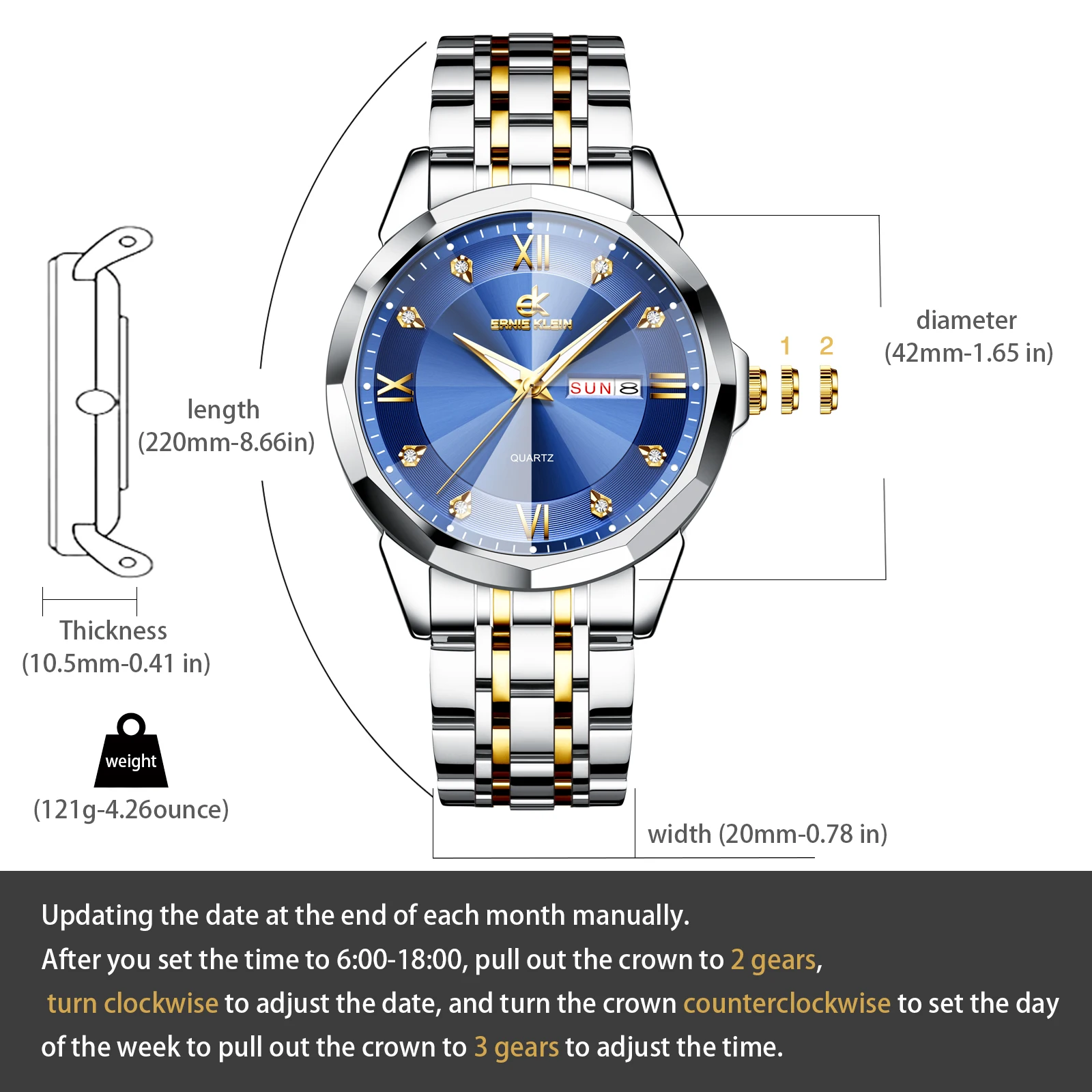 ERNIE KLEIN Men's Watches Rhombus Mirror Original Quartz Watch for Man Waterproof Luminous Stainless Steel Wristwatch Male