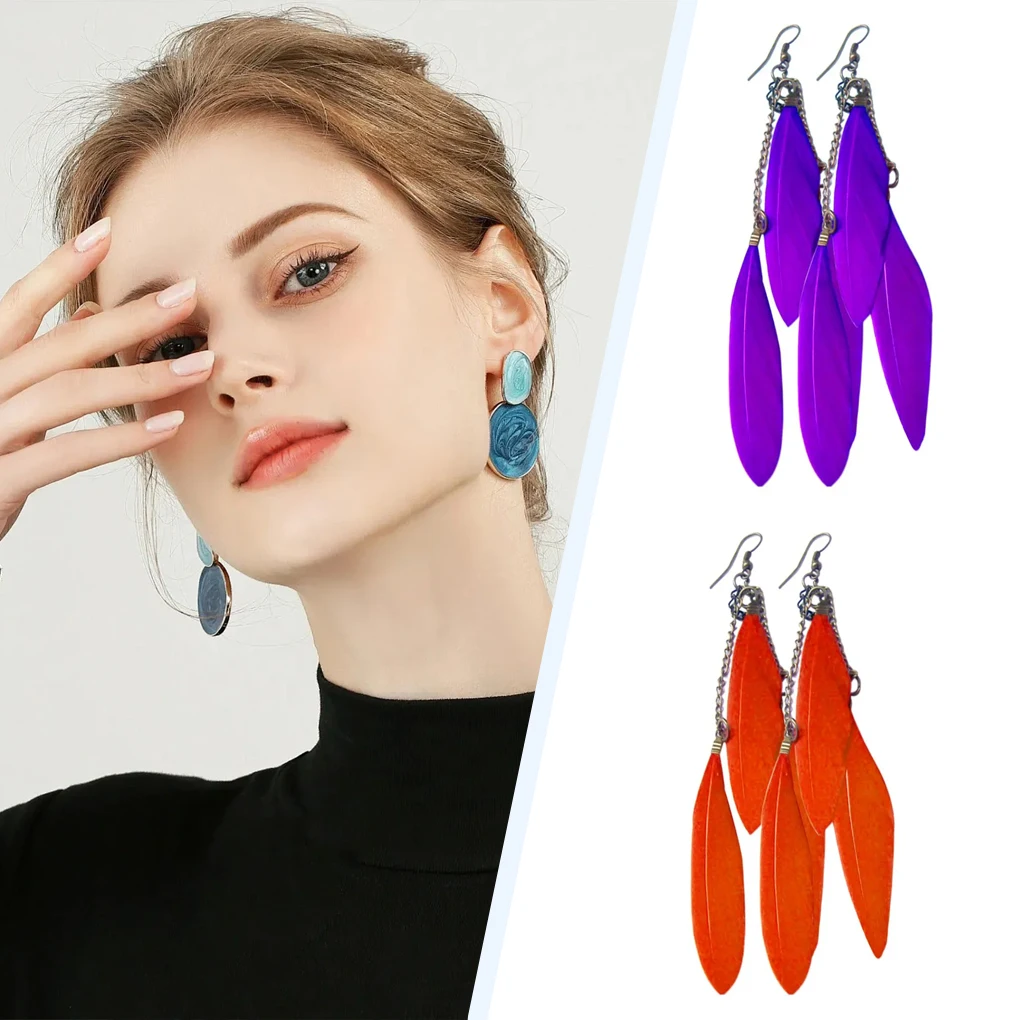 Women Tassel Earrings Feather Drop Dangle Hook Earrings image 6
