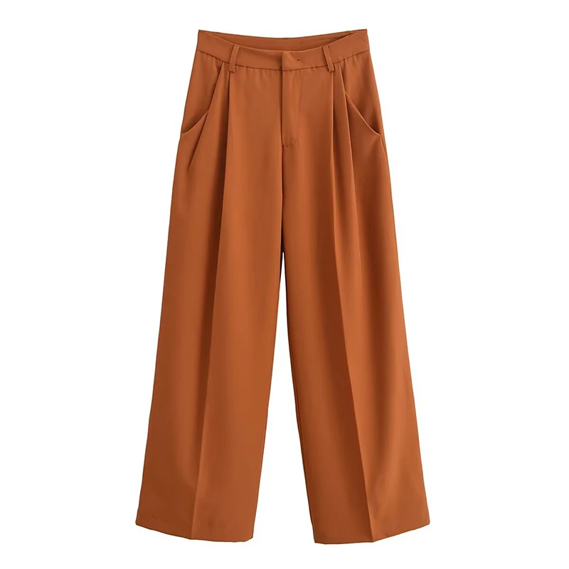 YENKYE Autumn Women Office Wear Pleated Wide Leg Pants Vintage Mid Waist With Pockets Loose Trousers pantalones de mujer