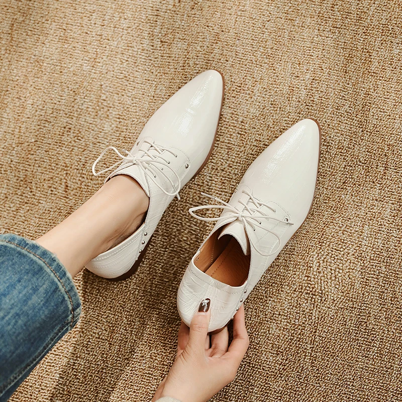 Classic Women Pumps Spring Autumn Office Ladies Casual Low Heels Comfortable Genuine Leather Lace-Up High-heeled Shoes Woman