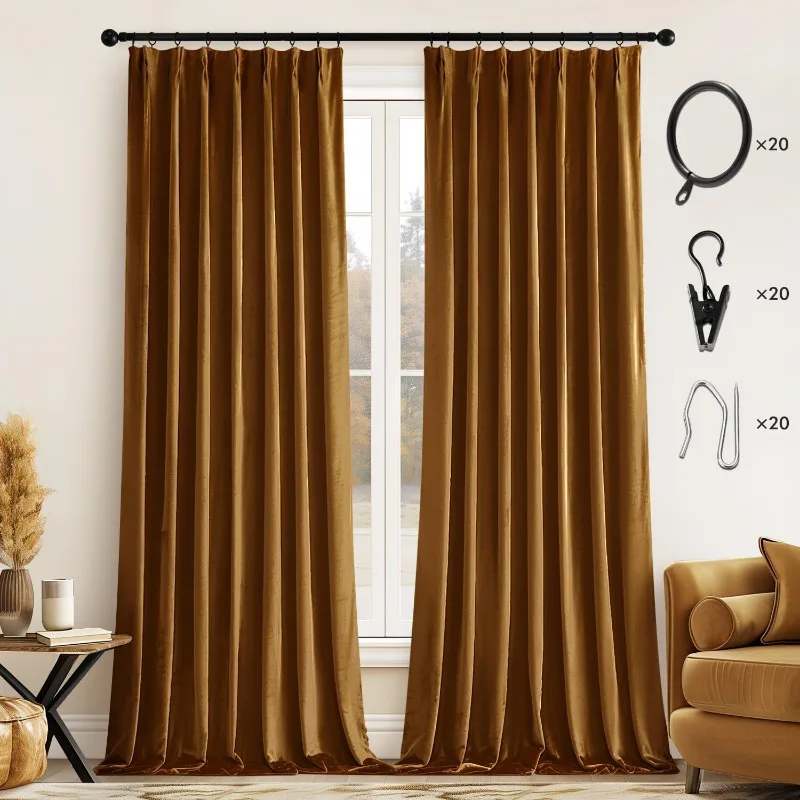 Real Pinch Pleated Velvet Curtains with Rings & Clips & Hooks Thick Luxury Pleat Blackout Suede Modern Drapes Thermal Insulated