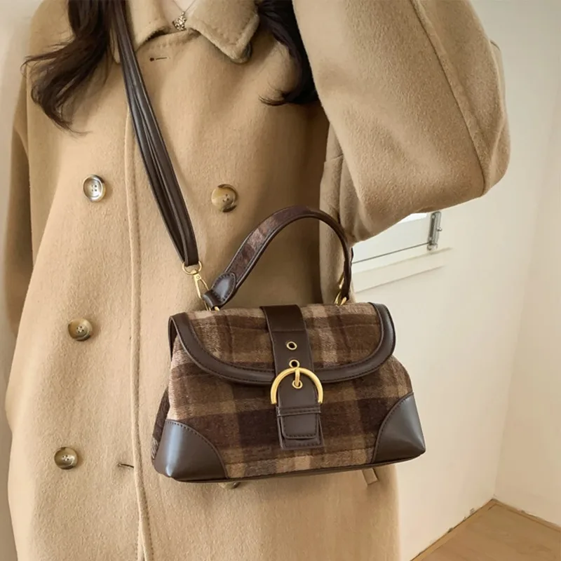 Blue Color Blocking Bag Saddle for Women Retro Contrasting Color Checkered Casual Faux Suede Crossbody Shoulder Handbag