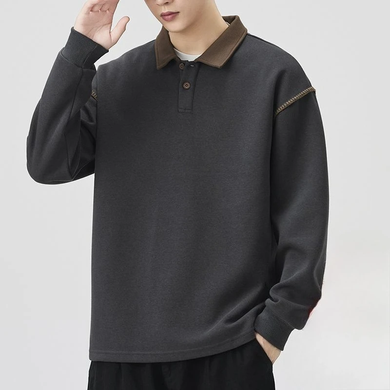 Men's 2026 Autumn/Winter Fleece-Lined Loose American Style Business Casual Long Sleeve Polo Sweatshirt
