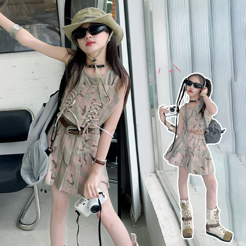 

Girls Suits Summer Girls Set 2024 New Fashion Girls Children Western Style Halter Pleated Skirt Two-piece Set Clothes