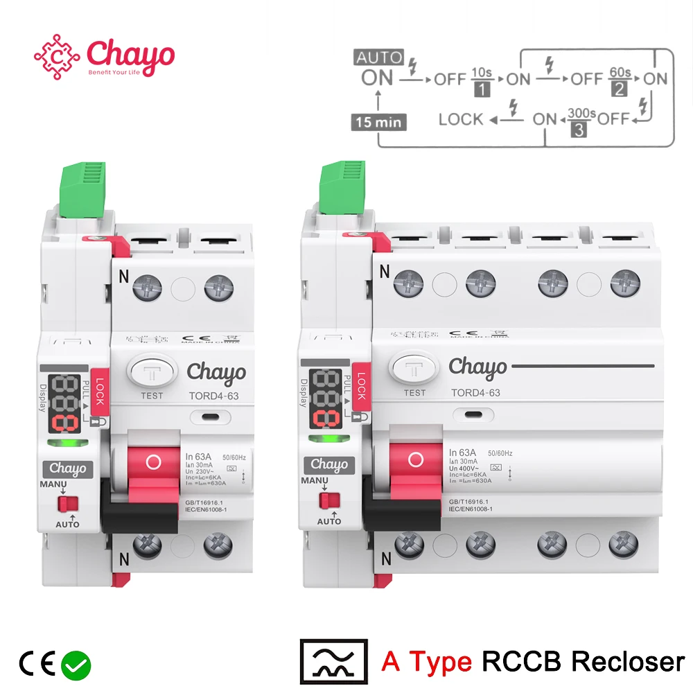 Chayo 2P/4P Type A RCD RCCB LED Auto Recloser Modular Safety Switch 6KA 16A/63A 30mA 230V 400V leakage Circuit Breaker
