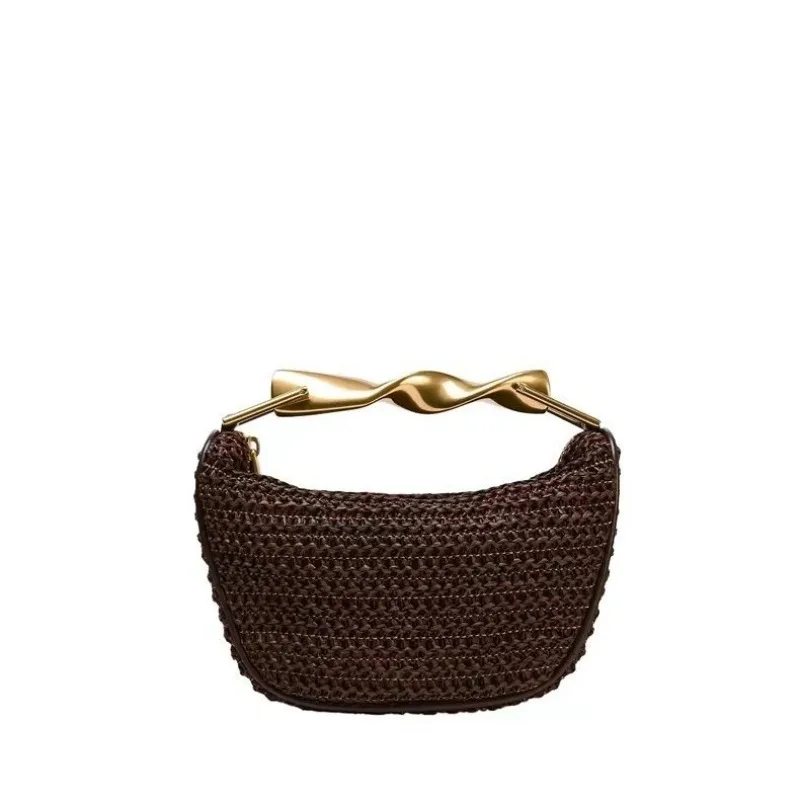 

2025 summer new niche design woven bag senior sense French handheld crossbody bag metal handle straw beach vacation bags tide