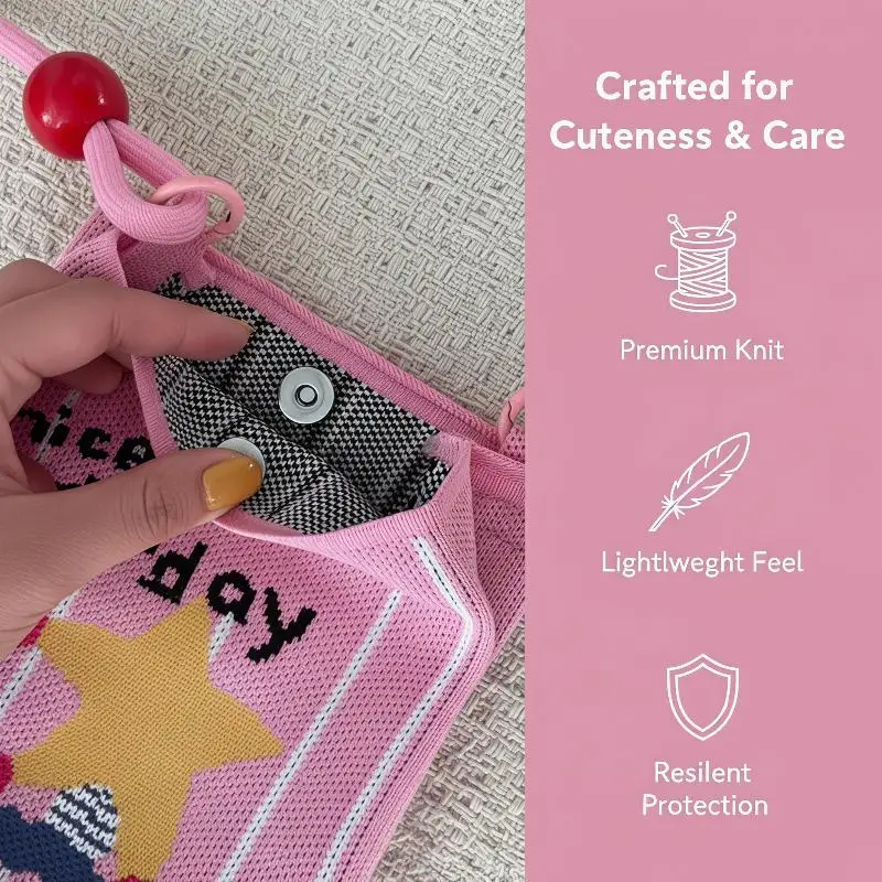 Cute Cartoon Knit Crossbody Phone Bag Eco-friendly Knit Material Adjustable Strap Mini Bag for Girls Gifts Daily Use