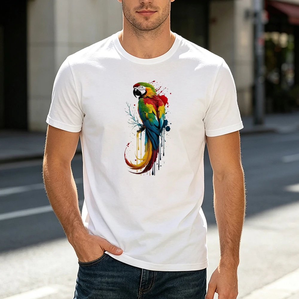 Abstract Watercolor Macaw Parrot With Splatter Effect Print Male Crewneck T Shirt Artistic Colorful Bird Illustration Tee