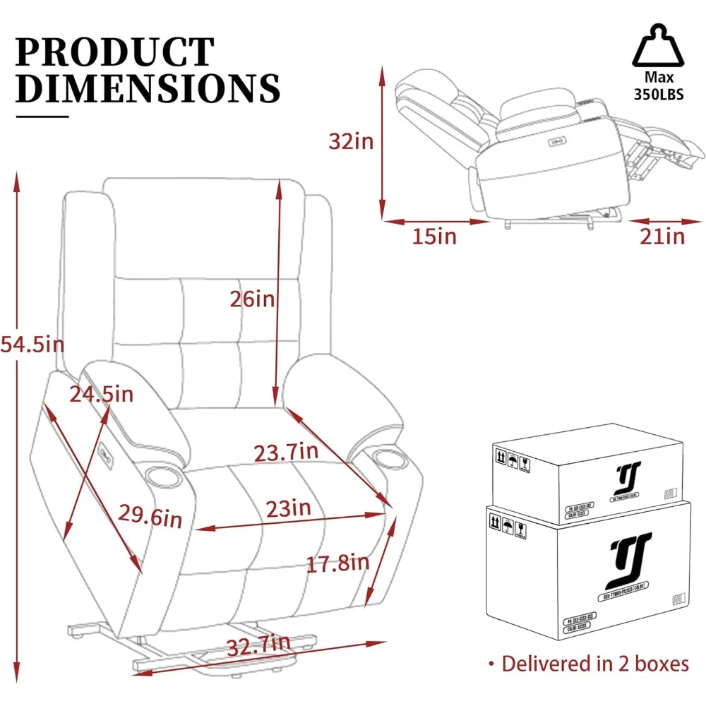 Poltronas reclináveis para idosos com aquecimento e massagem, cadeiras reclináveis para adultos, poltrona reclinável de tecido atualizada com USB