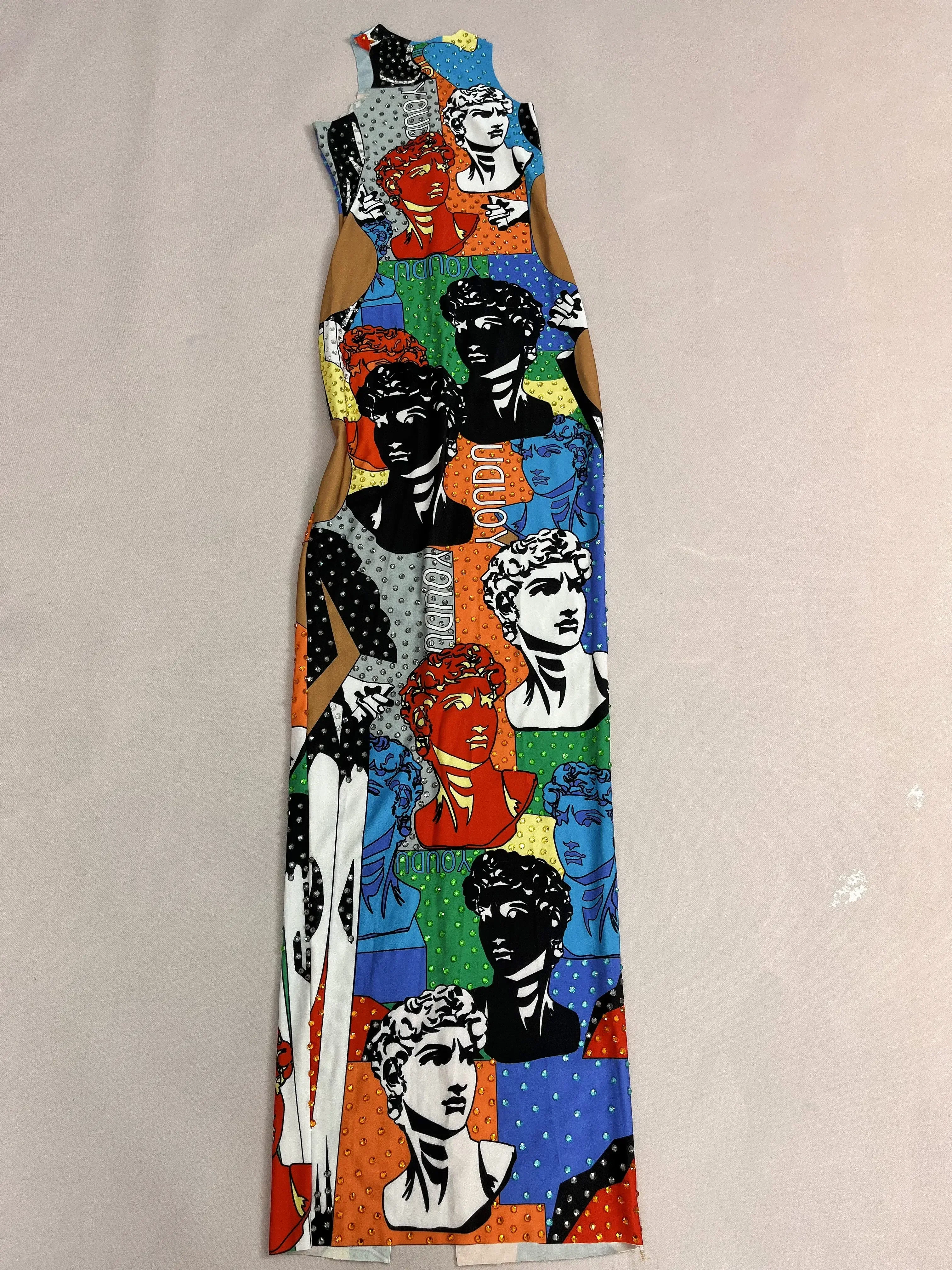 Cute Summer Colorful Rhinestones Spandex Stretch Celebrate Face Pattern Dress Outfit Party Singer Collection Birthday Costume PO