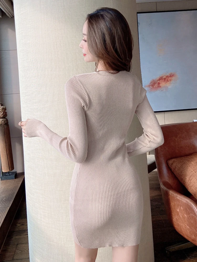 Mode Sexy Pullover Mini Kleid Frauen Cut Out Langarm Bodycon Dünne Kreuz Hohl Gestrickte Kurze Kleid Weibliche Unten Vestidos