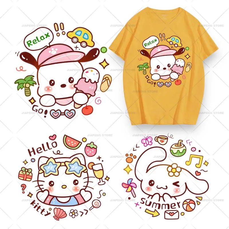 Cute Cinnamoroll Iron on Patches for Clothes Heat Transfers Sanrio Kuromi Melody Printed Thermal Stickers on T-shirt Decor DIY