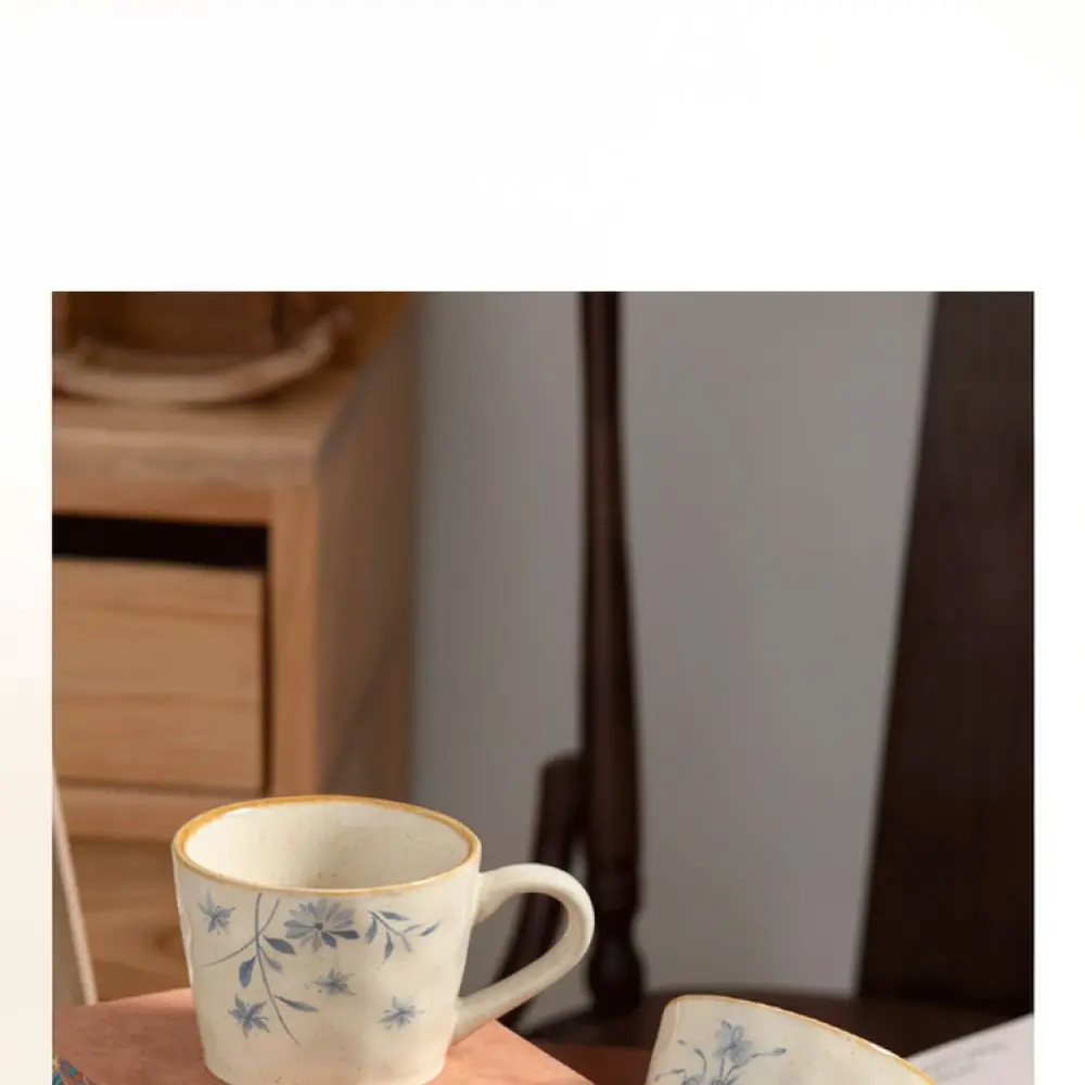 Retro Ceramic Coffee Cup Wabi Sabi Mug Floral Print Tea Drinkware Handheld Minimalist Office Home Tableware Vessel