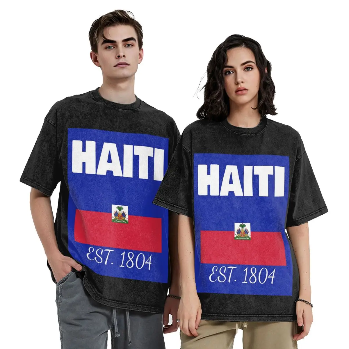 Haiti EST. 1804 Independence Haitian Flag Hip Hop Short Sleeve T-Shirts Washed Tops Tees Streetwear T Shirt for Men woman