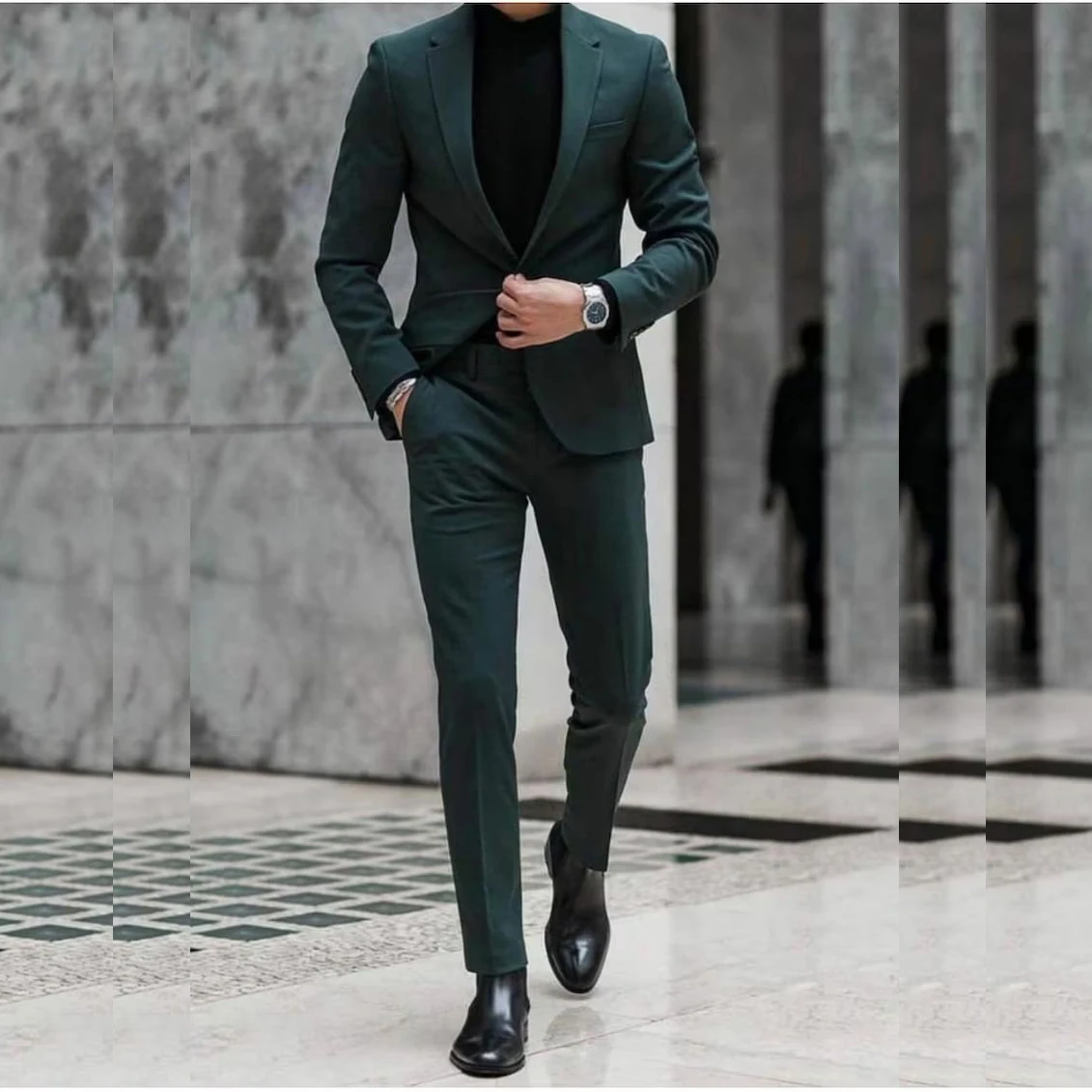 

STEVDITG Handsome Green Men Suits Blazer Notched Lapel Flat Single Breasted One Button Skinny 2 Piece Jacket Pants Tailor-made