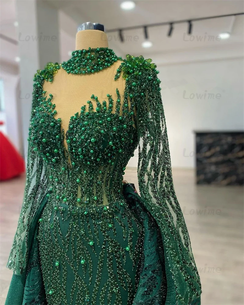 Dubai Full Sleeve Evening Dress Green Beaded With Detachable Train Formal Mermaid Prom Dresses 2024 Arabic Engagement Party Gown