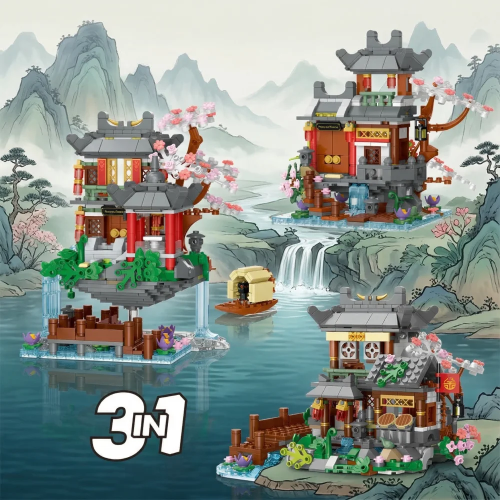 

3 In 1 Chinese Mythology Building Blocks, Peach Blossom Garden Architecture Model With Light, Ancient Cabin Bricks Adult Gift