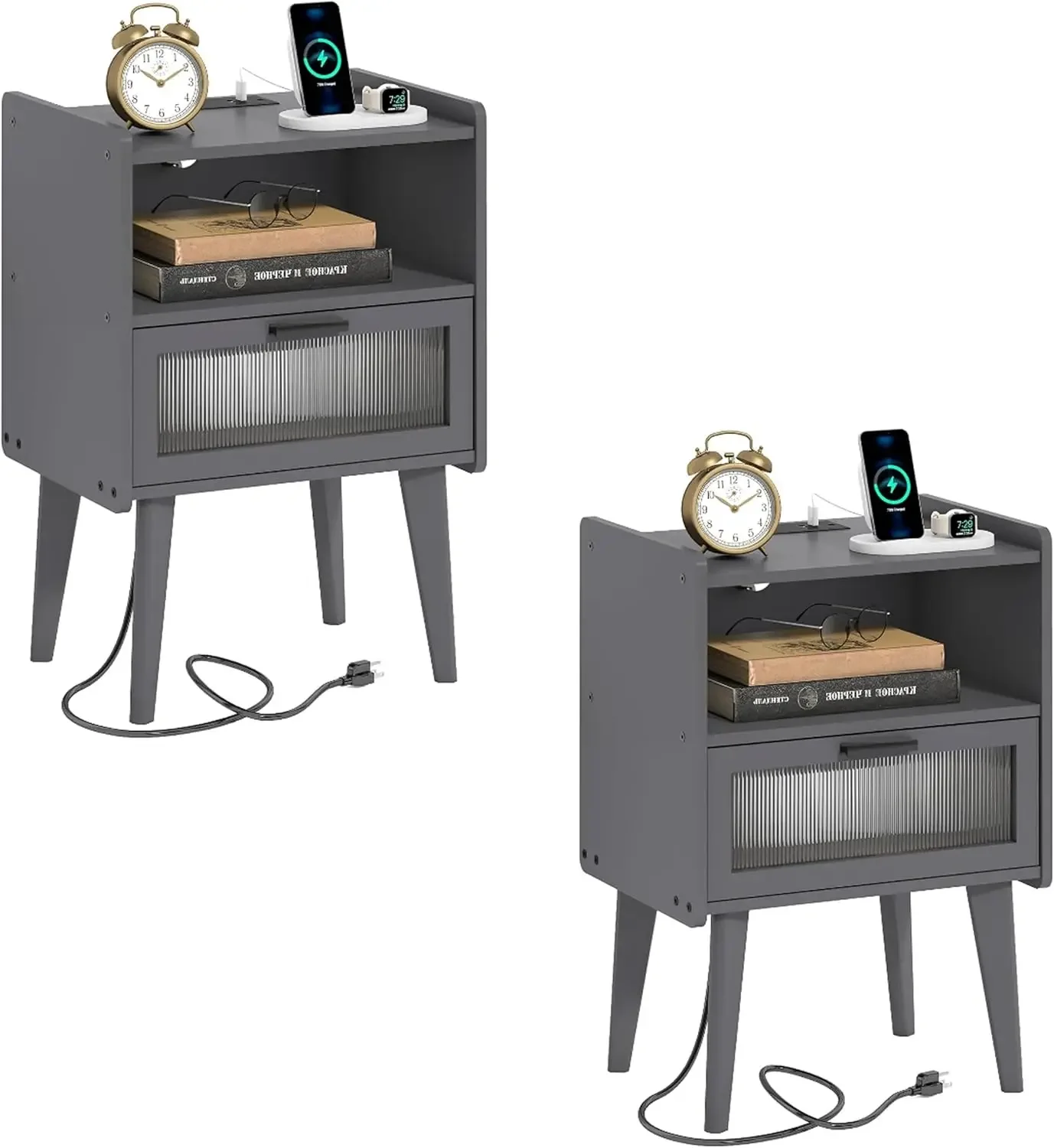 

Nightstand with Charging Station, Bedside Tables Set of 2, End Table Side Table with 2 Tiers Storage Space, for Bedroom, Living