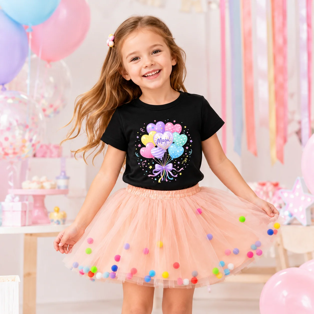 Kids Girls Birthday Party Set Magic Balloon Tee Pom Pom Tulle Tutu Skirt Summer Princess Outfit