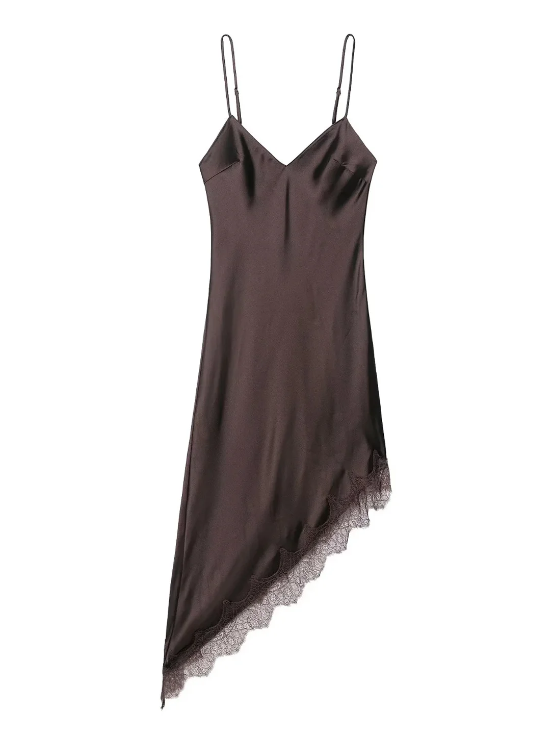 非対称レースディテールシルクサテン風 Dr Faionable レディースデザインサマーカジュアルハイウエストAラインガウン Svel