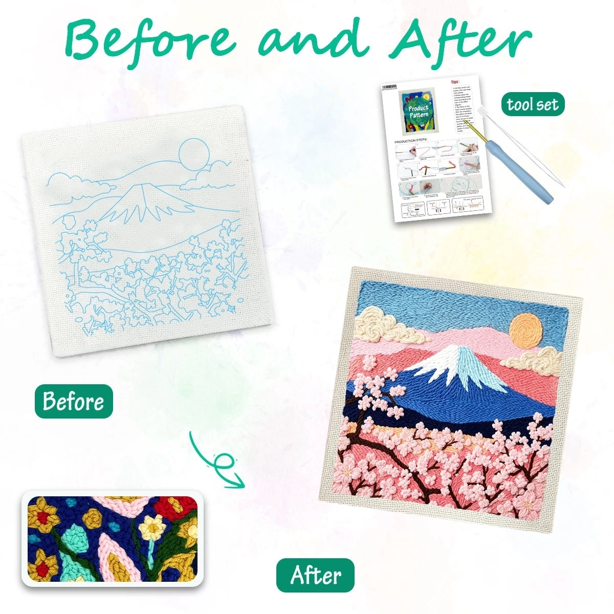 1 Set Mount Fuji Kirschblüten DIY Stickerei-Set für Anfänger, Stickerei-Starter-Kit, Kreuzstich-Kunstgeschenk, Nadelarbeiten – Detail 1