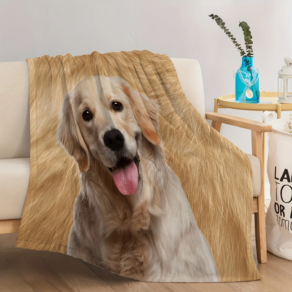 Golden Retriever Dog Print Throw Blanket - Cute Pet Animal Motif Soft Lightweight Accent for Sofa Bed Travel Office Gift