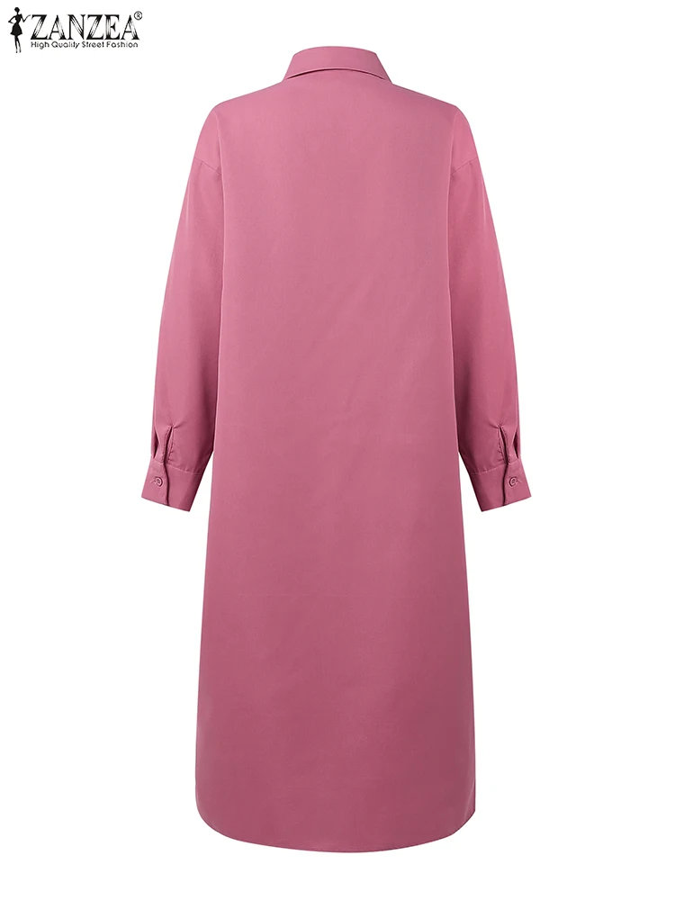 ZANZEA Damen Midi-Hemdkleid, lässig, locker, Umlegekragen, lange Ärmel, halbe Knöpfe, einfarbig, Kleid, Herbst, 3 Farben, S-3XL