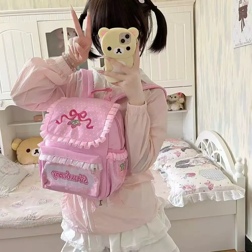 Sweet Cute Strawberry Fruit Embroidery Lace Patchwork Backpack Women Preppy Style Waterproof Nylon School Backpack for Girl