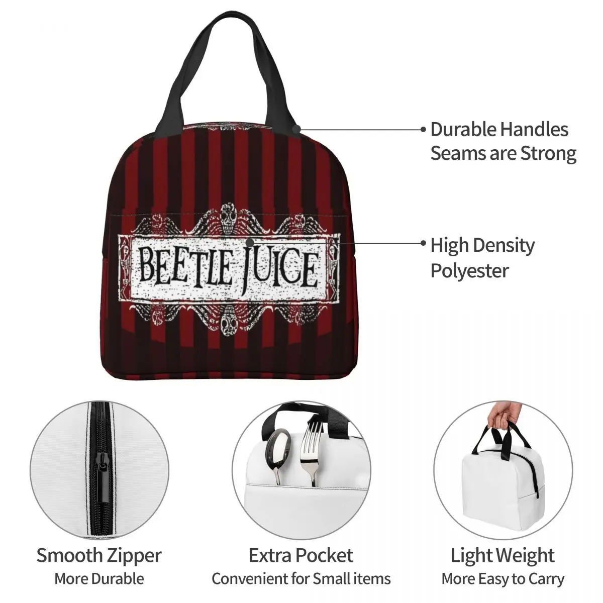 B-Beetlejuice Horror Movie Halloween Insulated Lunch Bag Thermal Bag Meal Container High Capacity Tote Lunch Box Bento Pouch