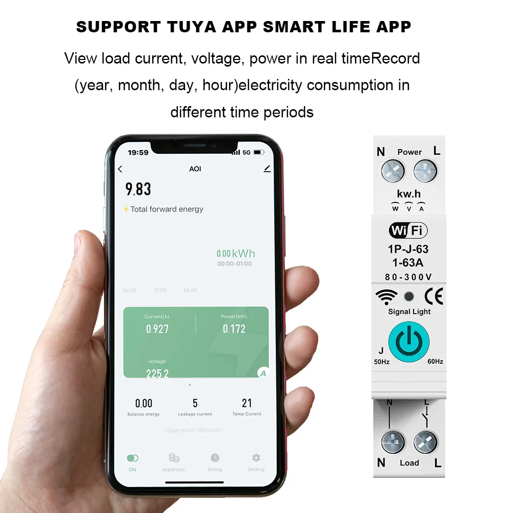 Tuya WiFi Mcb Circuit Breaker, Power Metering, 1P, 63A, DIN Rail for Smart Home, Wireless Remote Control Smart Switch by App,