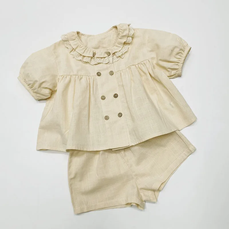 Korean Girl Baby Summer New, Foreign Gas Bubble Sleeves Imitation Cotton and Linen Doll Shirt Shorts Casual Two-piece Set