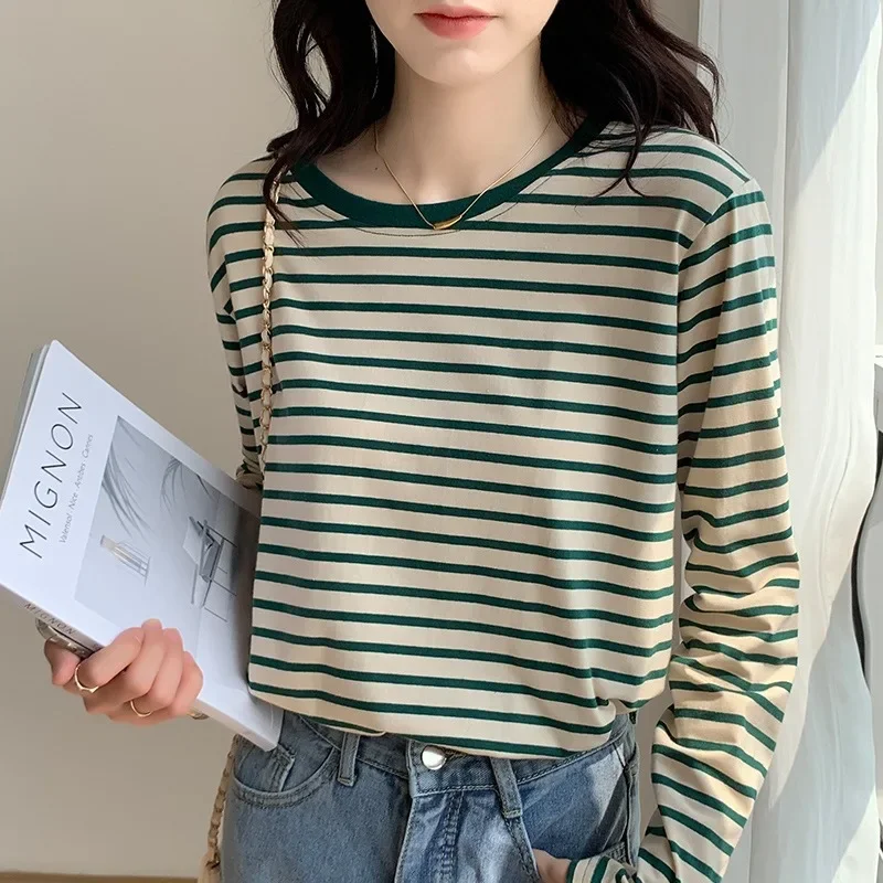 

Women New Striped T-shirts Long Sleeve O-neck Contrast Tops Spring Autumn Fashion All-Match Tees Cotton Casual Bottoming Shirts