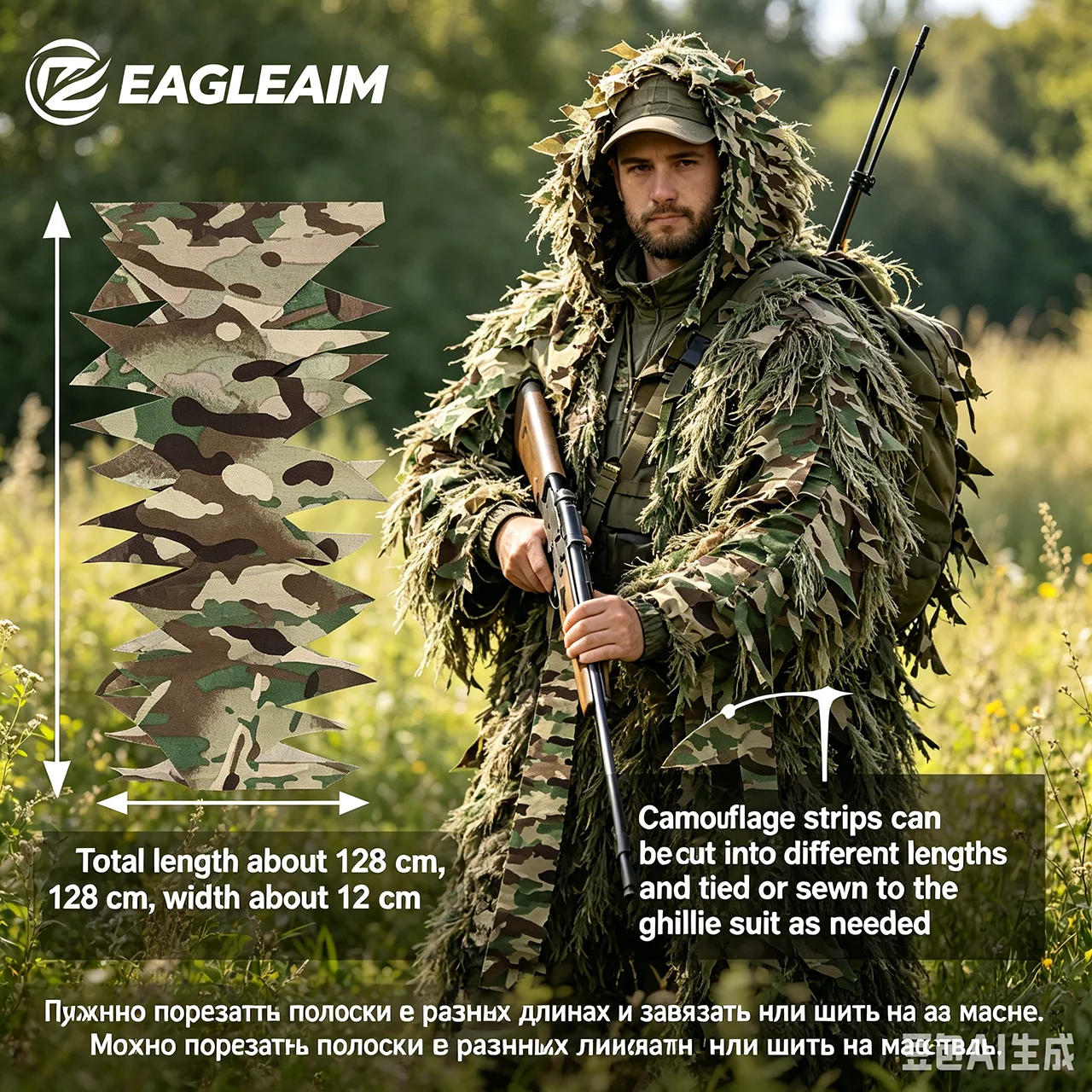 EAGLEAIM 5PCS/Set Ghillie Suit Camouflage Cloth Strips, DIY Hunting Concealment Material, Multicam/Realtree Leaf Pattern Fabric