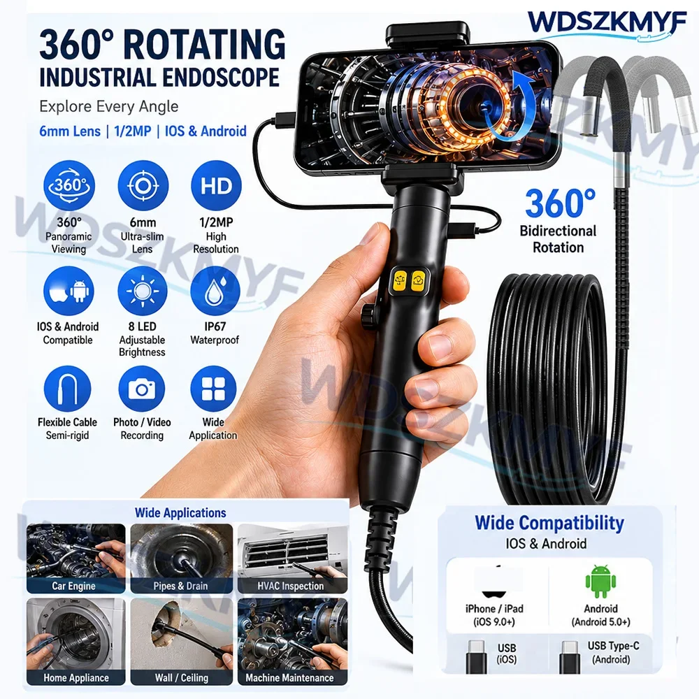 360° Steering endoscope HD For IOS Android 6mm Single Lens Pipe Inspection Borescope for auto repair industrial pipeline