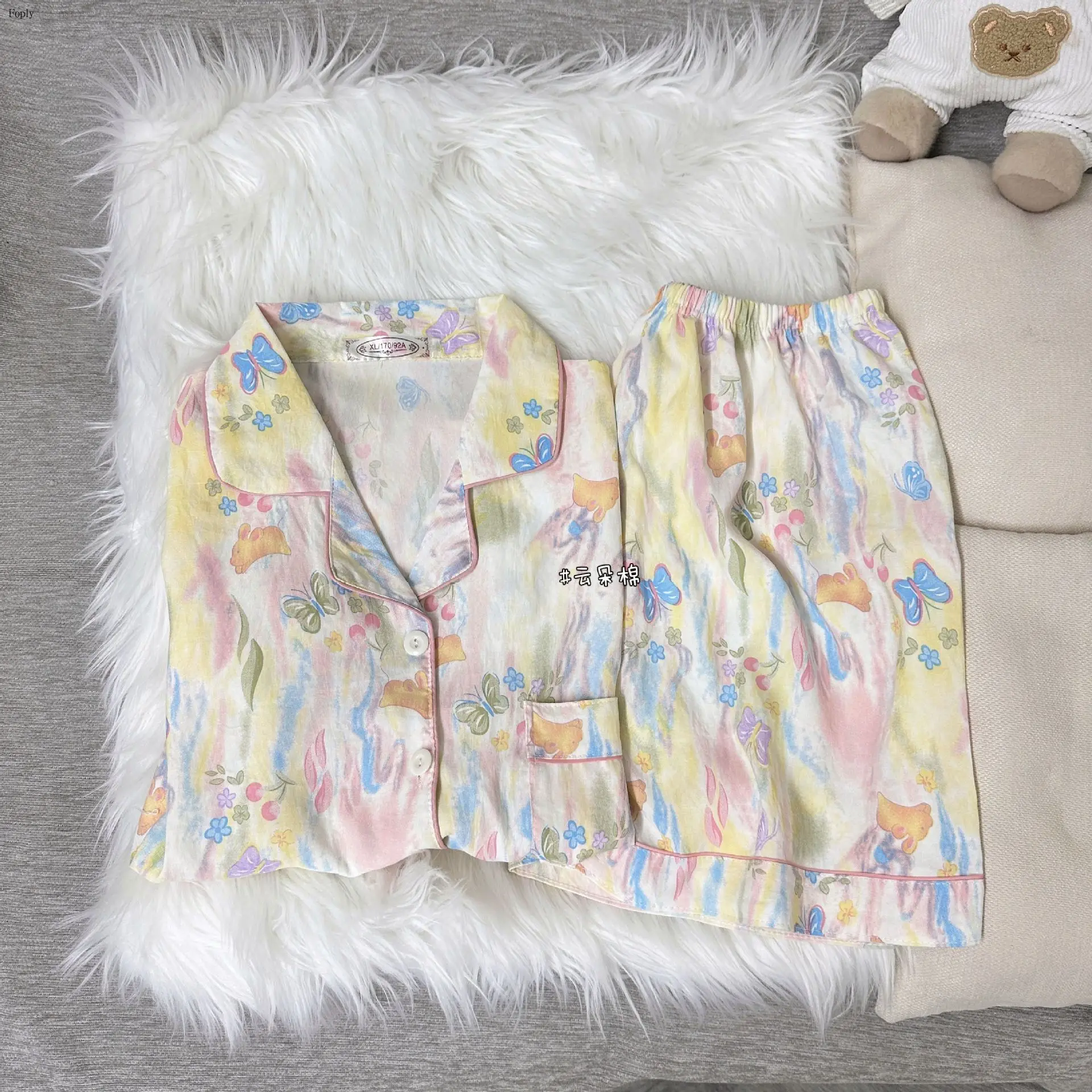 

Cloud Cotton Women Pyjama Set Lapel Short Sleeve Shorts Pajamas Women's Sleepwear Sweet Smudge Printed Homewear Set Nightwear