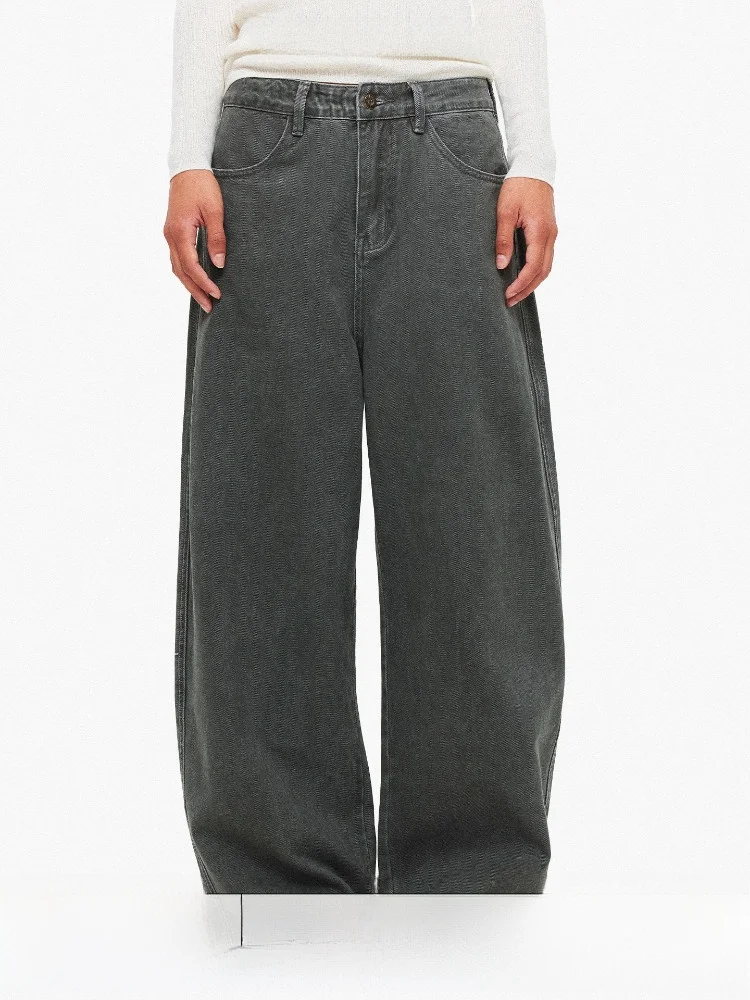 

Классические прямые джинсы с низкой талией, темно-серые джинсы с широкими штанинами, повседневные хлопковые джинсы для женщин