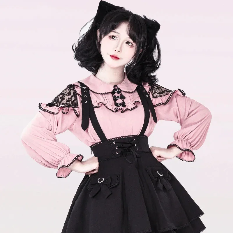 Camisas Lolita com babados femininos, manga comprida, tops doces para meninas, estética gótica, estilo gótico japonês, doce e kawaii, preto e rosa