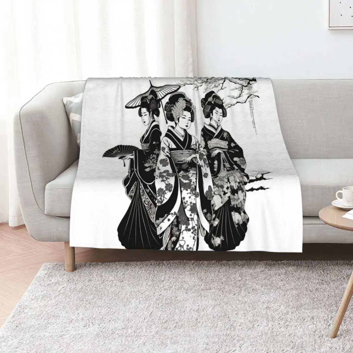 Beautiful Geisha in Black and White Throw Blanket Heavy Luxury St Polar Plaid halloween Blankets