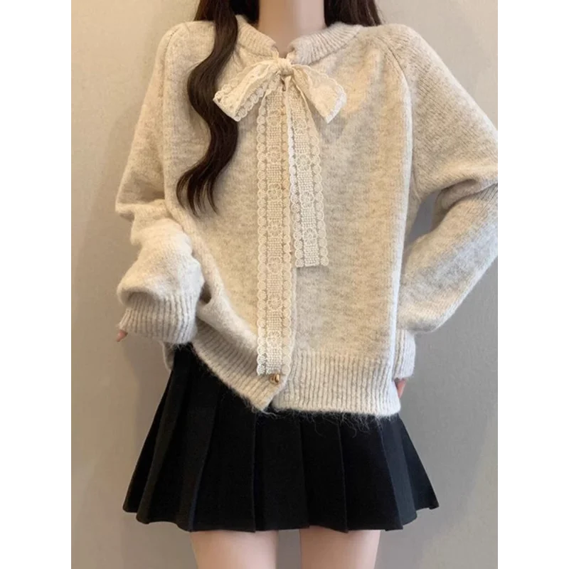 

French Lace Bow Sweater Jacket for Women's New Winter Rabosleeves Knitted Cardigan