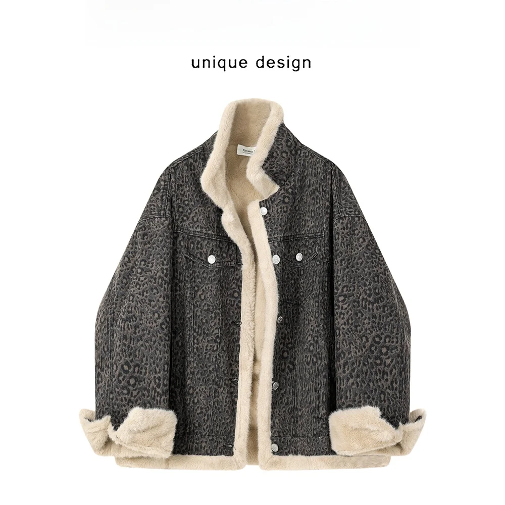 

Korean Sle Fce Lined Thiened Winter Leopard Print Denim Jaet Double Sided Wear Cotton Coat for Women Commute