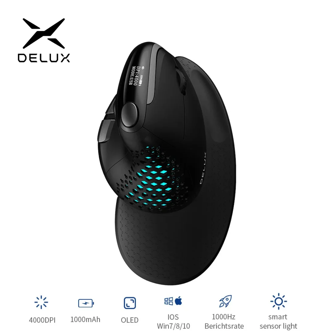 Delux Seeker M618XSD Ergonomic Vertical Mouse OLED Screen USB Wireless+BT 5.0  Rechargeable 1000hz Berichtsrate For PC Laptop