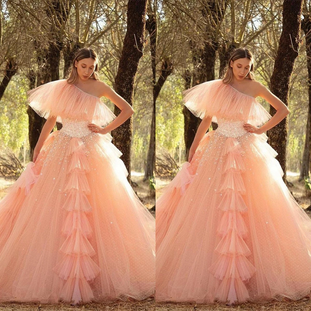 

Lovely Evening Dresses A-line One Shoulder Designer Tulle Appliques Floor Length Prom Dress Court Gown Formal Vestido De Noite