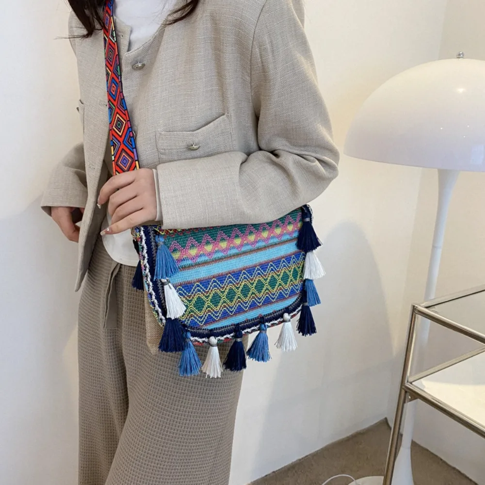 Simple color-blocking women's single-shoulder bag, ethnic style retro crossbody bag, large-capacity women's bag