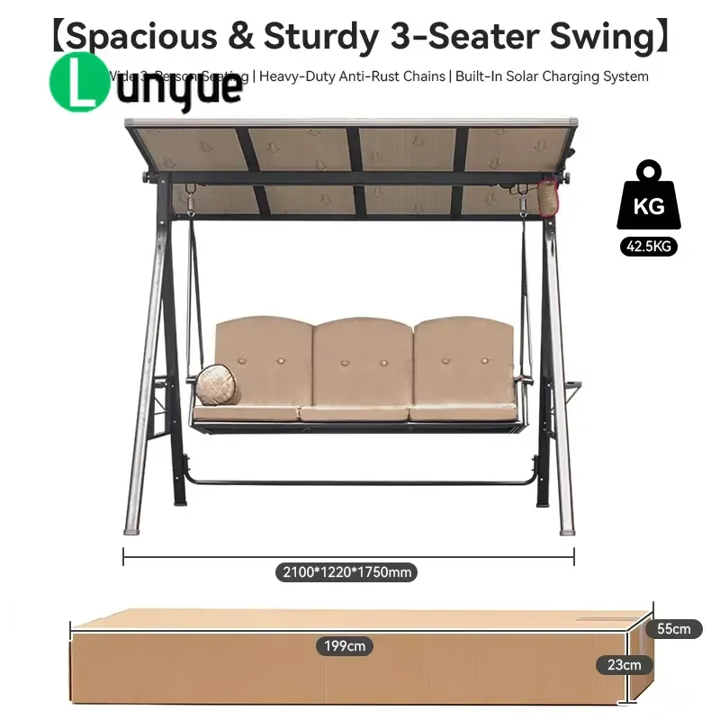 Modern Aluminum Triple Outdoor Swing Chair with Solar Light UV Protection Quick Drying Cushion for Hotel Villa Garden Patio