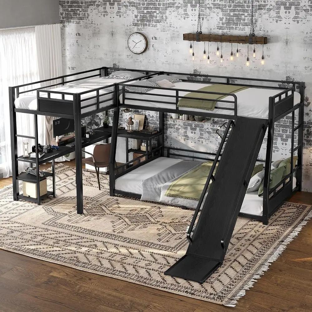 Heavy Duty Triple Bunk Bed, Twin XL Over Queen L-Shaped with Slide, Desk, and Storage, Black view 5