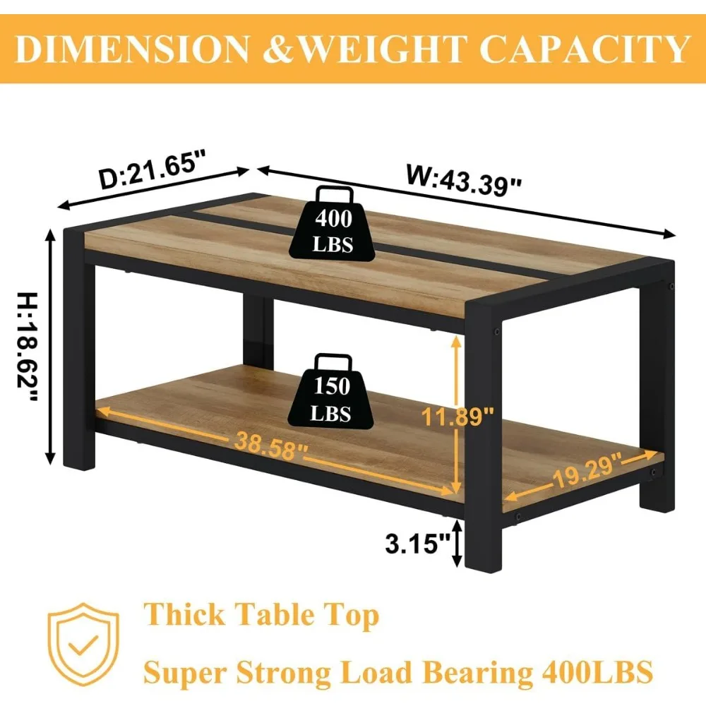 طاولة قهوة مقاس 43 بوصة، طاولات قهوة خشبية ومعدنية لغرفة المعيشة، طاولة غرفة معيشة مستطيلة، مركز مزرعة صغير