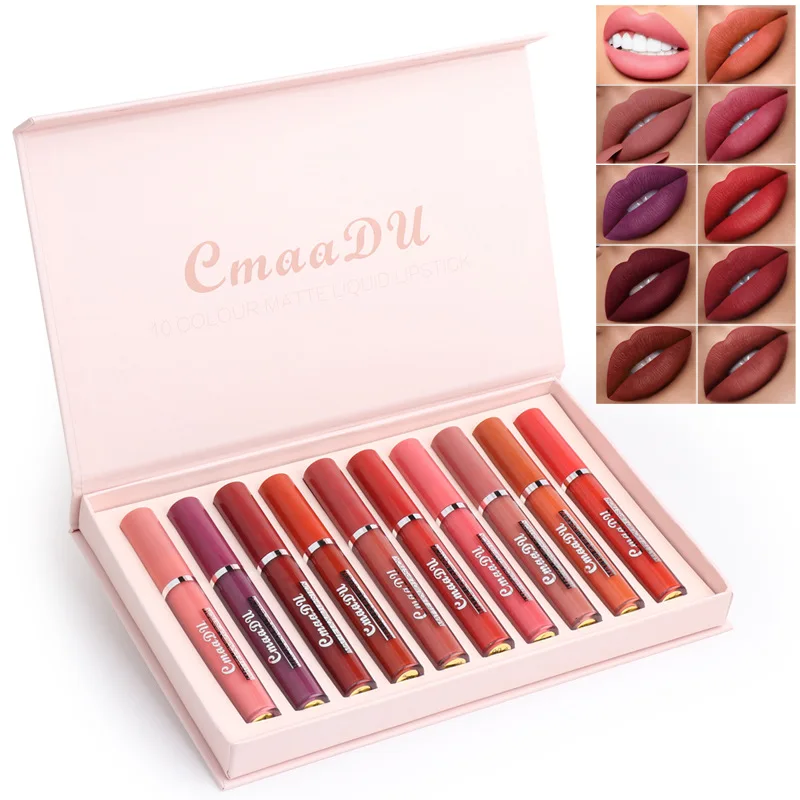 CmaaDu nuevo 10 colores/juego impermeable mate lápiz labial desnudo brillo de labios pigmento rojo oscuro brillo de labios hidratante lápiz labial Kit de maquillaje para mujer