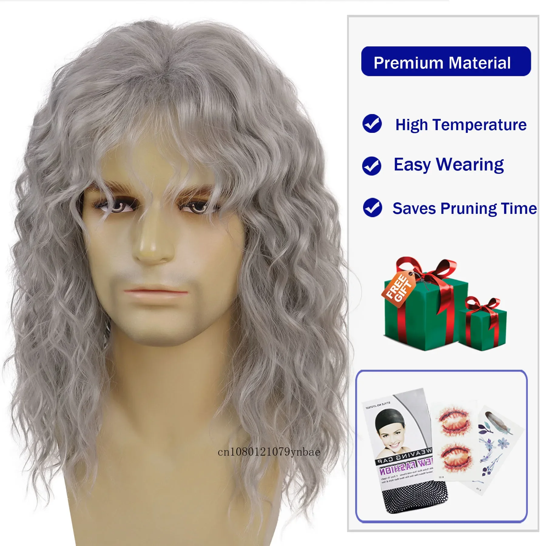 Grey Cosplay Synthetic Wigs for Older Men Halloween Long Wavy Wig with Bangs Natural Wave Carnival Party Hair Replacement Wig