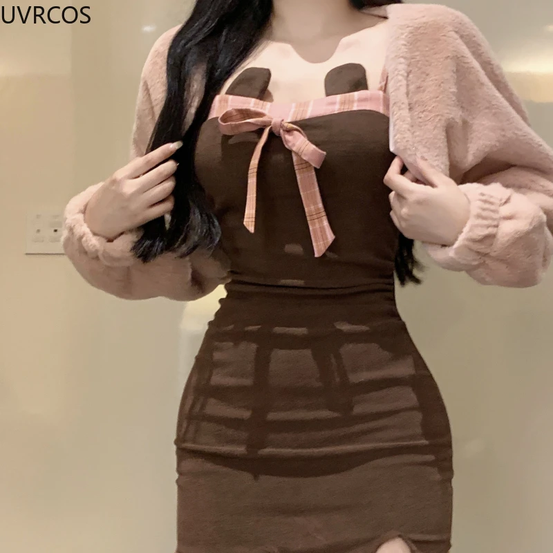 Autumn Winter Kawaii Lolita 2 Piece Set Women Sweet Short Plush Coat Sexy Slim Bow Bodycon Dress Suit Female Korean Outfits 2024